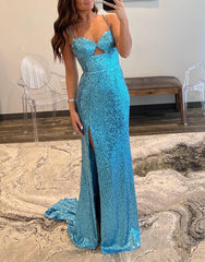 Sheath Spaghetti Strap Sequin Prom Dress with Slit