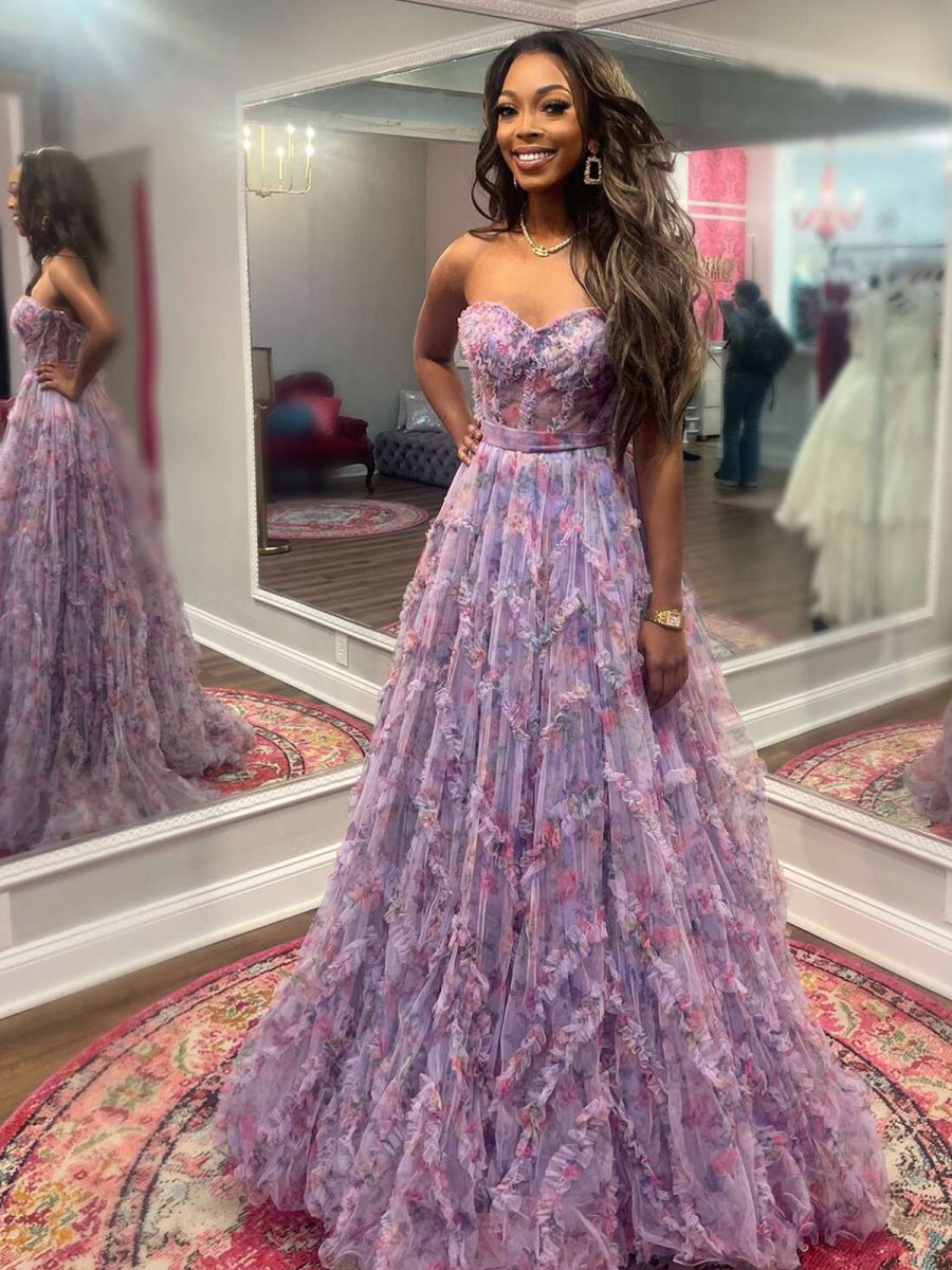 A-Line Sweetheart Purple Floral Print Ruffle Long Prom Dress