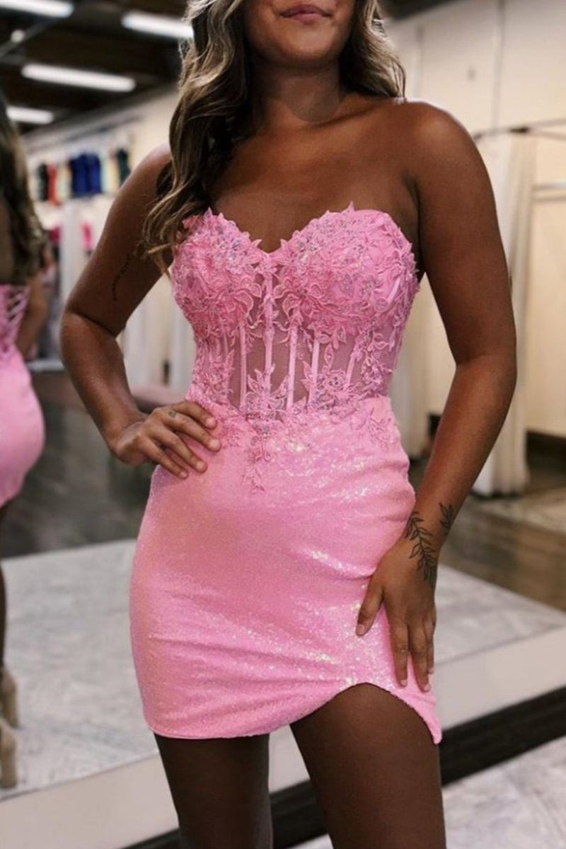 Bodycon Sparkly Sequin Strapless Short Homecoming Dress with Split