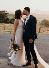 Bohemian Lace wedding Dresses Mermaid V-Neck Backless Bridal Gowns