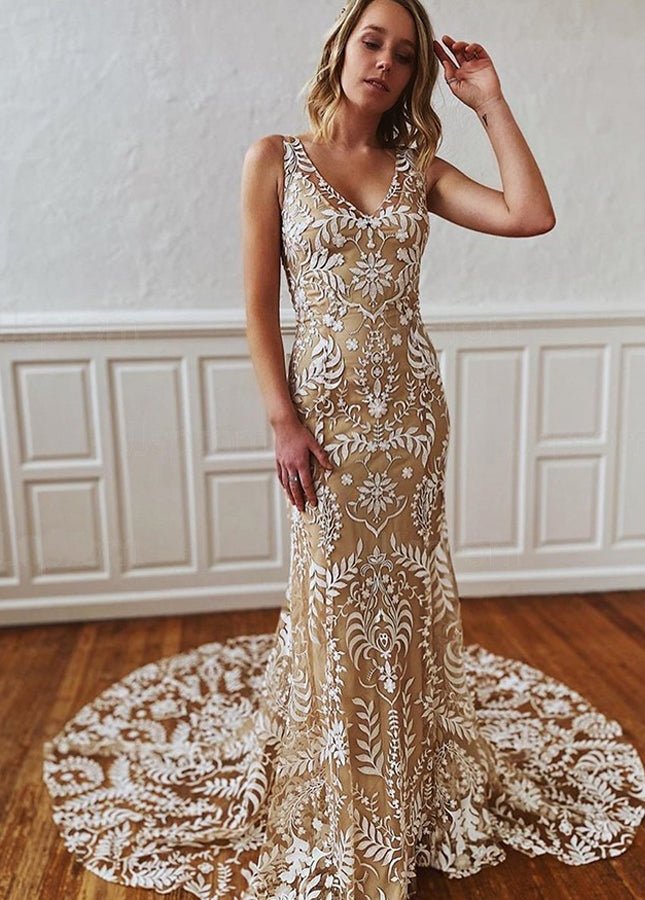 Boho Lace Open Back Sleeveless Appliqued Beach Sexy Wedding Dress