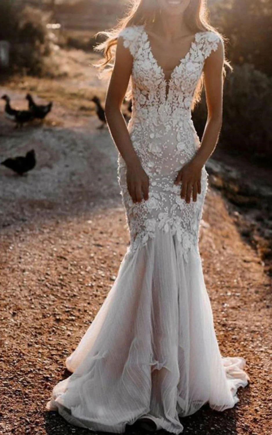 Boho Mermaid Wedding Dress Floral V-neck Casual Gown with Open Back and Lace Appliques