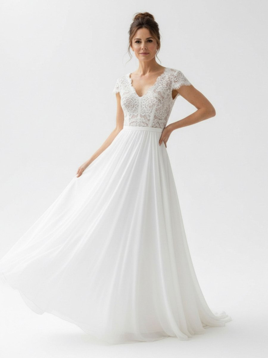 Boho See Through Lace V-Neck A-Line Chiffon Wedding Dress