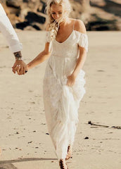Boho Spaghetti Straps Sleeveless A Line Lace Wedding Dresses