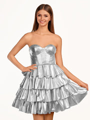 A-Line Sweetheart Gold Metallic Ruffle Homecoming Dress
