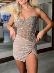 Champagne - Sparkly Bodycon Strapless Sequins Mini Party Dresses With Beadings