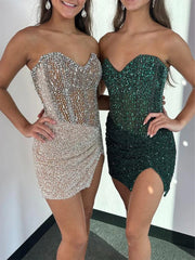 Champagne - Sparkly Bodycon Strapless Sequins Mini Party Dresses With Beadings