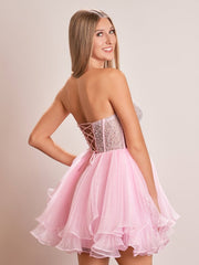 A-Line Pink Sweetheart Ruffled Short Homecoming Dress