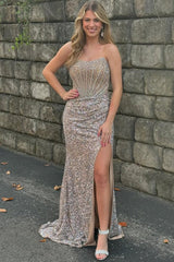 Champagne Sequin Beaded Strapless Long Prom Dress with Slit
