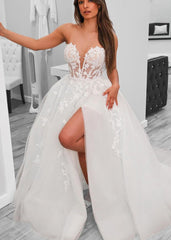 A-Line Sweetheart Tulle Wedding Dresses With Slit