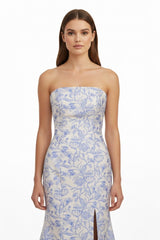 Blue Strapless Mermaid Floral Jacquard Long Formal Prom Dresses With Slit