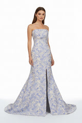 Blue Strapless Mermaid Floral Jacquard Long Formal Prom Dresses With Slit