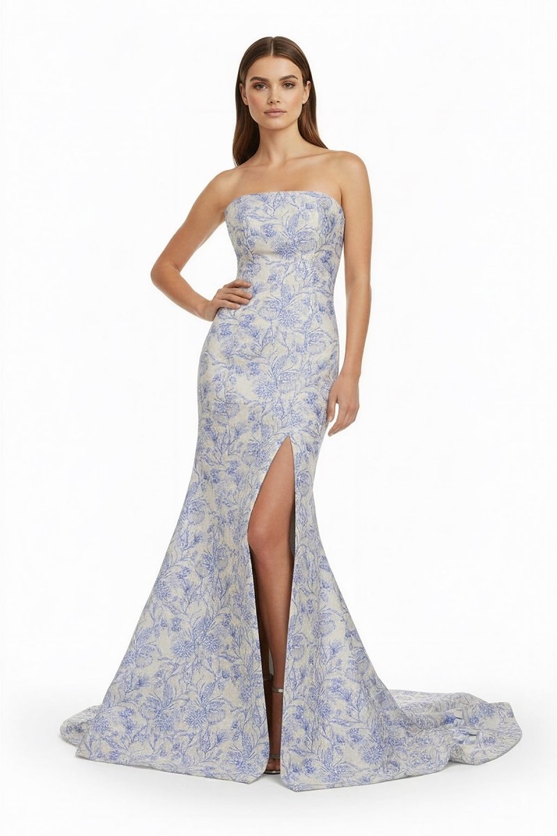 Blue Strapless Mermaid Floral Jacquard Long Formal Prom Dresses With Slit