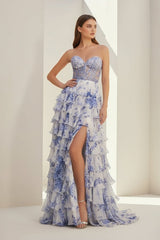 Blue Sweetheart A Line Floral Chiffon Ruffled Formal Prom Dresses With Appliques