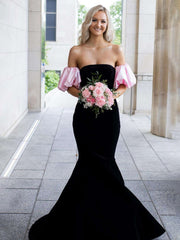Black Mermaid Velvet Long Prom Dress with Detachable Sleeves