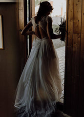 Chiffon V-Neck Short-Sleeve Wedding Dresses Cutout Back Bridal Gowns