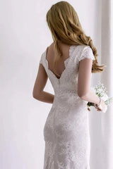 Cap Sleeve Satin Lace Split Mermaid Wedding Dress