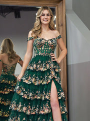 Green Crystal Sequins Princess A Line Off the Shoulder Prom Dress with Lace Ruffles