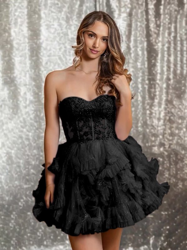 Black - Strapless A Line Ruffle Tulle Homecoming Dress With Appliques