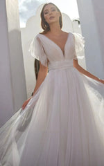 Casual Beach A-Line Tulle Wedding Dress With V-neck And Low-V Back