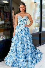 Blue - A-Line Floral Chiffon Strapless Ruffled Beaded Long Prom Dresses with Slit