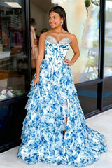 Blue - A-Line Floral Chiffon Strapless Ruffled Beaded Long Prom Dresses with Slit