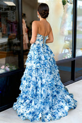 Blue - A-Line Floral Chiffon Strapless Ruffled Beaded Long Prom Dresses with Slit