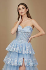 Sky Blue Strapless A Line Sequined Lace Long Formal Prom Dresses With Ruffles