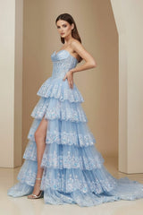 Sky Blue Strapless A Line Sequined Lace Long Formal Prom Dresses With Ruffles