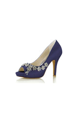 Champagne Satin Heels with Silver Metal Flower Ornament