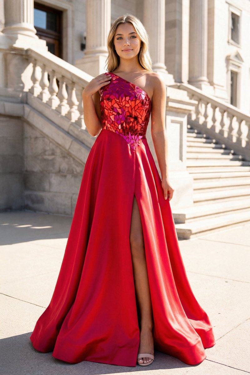 A Line One Shoulder Sequins Long Prom Dress with Slit