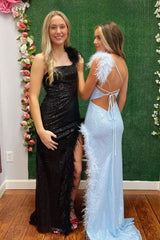  Charming Sheath One Shoulder Sequins Prom Dresses with Feather