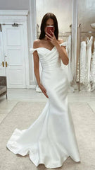 Chic Satin Mermaid Off-Shoulder Ruched With Train Beach Wedding Dress