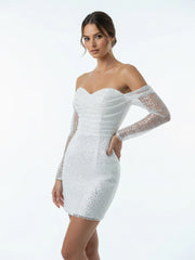 Chic Short Sequined Backless Wedding Dress With Long Detachable Sleeves