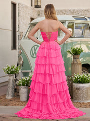 Chiffon Fuchsia Sweetheart Tiered Ruffles Prom Dress with Slit