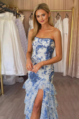 Blue Strapless Beaded Ruffle Tiered Mermaid Prom Dresses With Slit