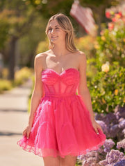 A Line Fuchsia Tulle Strapless Homecoming Dress