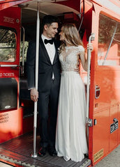 A-Line Cap Sleeve Long Backless Wedding Dresses with Appliques