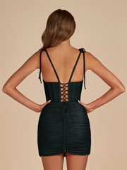 Black - Bodycon Scoop Neck Beaded Satin Corset Homecoming Dresses with Bow Straps