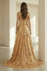 Gold Strapless A Line Sequined Lace Formal Prom Dresses With Slit