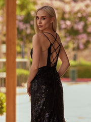 Black Lace Applique High Slit Criss Cross Back Mermaid Prom Dress