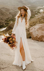 A-Line Sleeved Chiffon Wedding Dress with Sweep Train and Slit