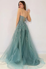 Tulle Appliques Lace-Up A-Line Long Prom Dress