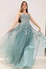 Tulle Appliques Lace-Up A-Line Long Prom Dress