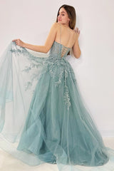 Tulle Appliques Lace-Up A-Line Long Prom Dress