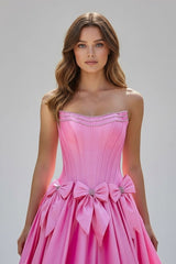 A-Line Black Scoop Neck Satin Long Prom Dresses with Bow Knots