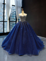 Navy Blue Sweetheart Tulle Quinceanera Dresses With Beadings