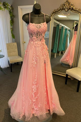 Coral Spaghetti-Straps A Line Tulle Prom Dress With Appliques