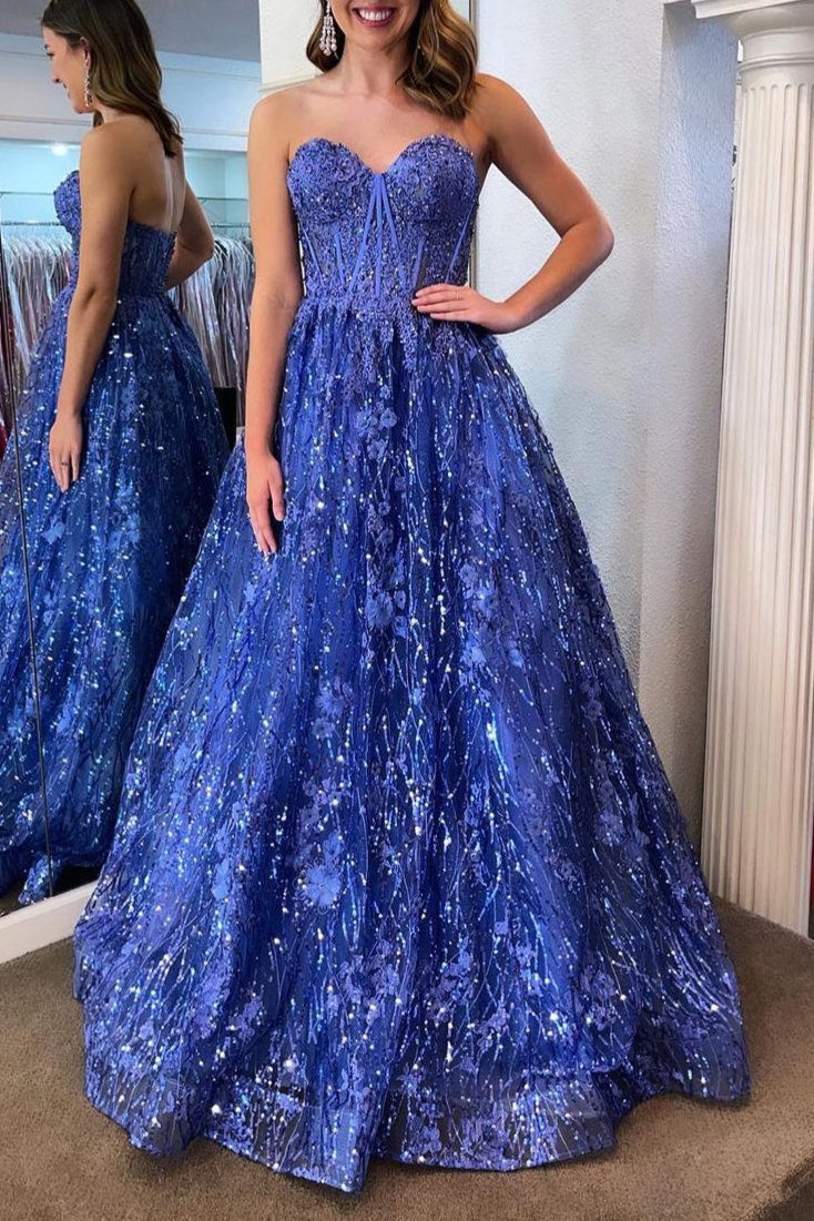 Sweetheart Blue Sequin Lace Corest Long Dresses