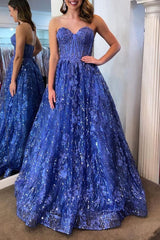 Sweetheart Blue Sequin Lace Corest Long Dresses